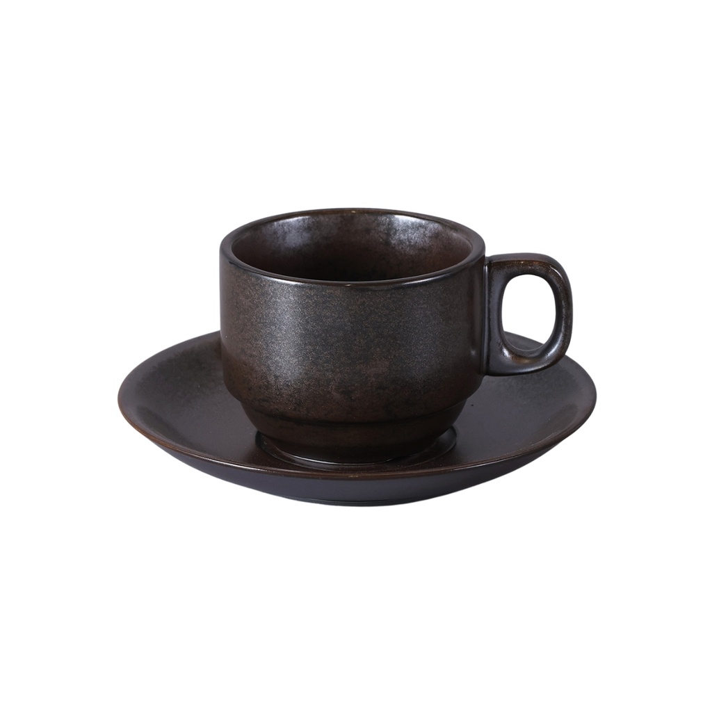 Porceletta Rustic Black Reactive Glaze Porcelain Tea Cup & Saucer 200 ml