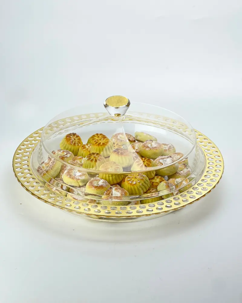 مضيفة تقديم حلويات بغطاء دائري بتصميم ذهبي حجم صغير