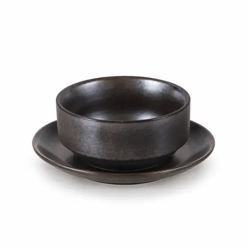 [08-046D3] Porceletta Rustic Black Reactive Glaze Porcelain Soup Cup & Saucer