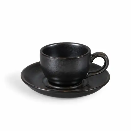 [08-1396D3] Porceletta Rustic Black Reactive Glaze Porcelain Cup & Saucer 80 ml