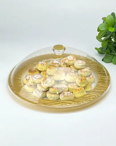 [02-852G] جاط تقديم حلويات بغطاء أكريلك دائري 35 سم لون ذهبي