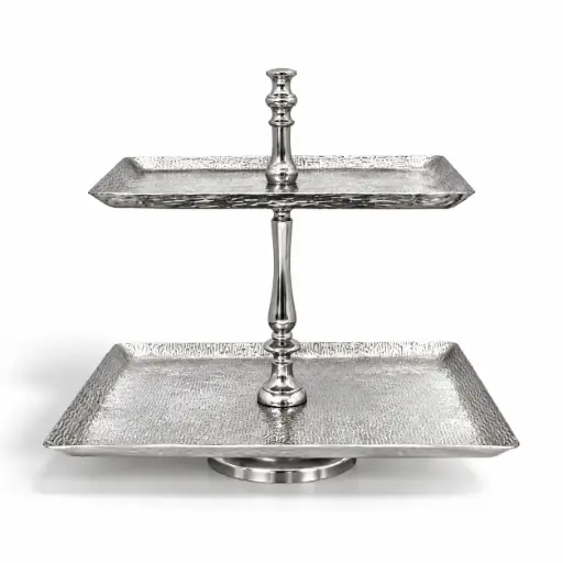 [05-004S] Vague Aluminium Square 2 Tier Stand with Stainless Steel Silver Finish 40 cm India