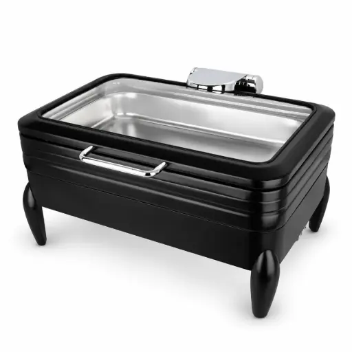 [BF-009B] Vague Black Rectangular Stainless Steel Chafing Dish with Glass Lid - 9 Liter